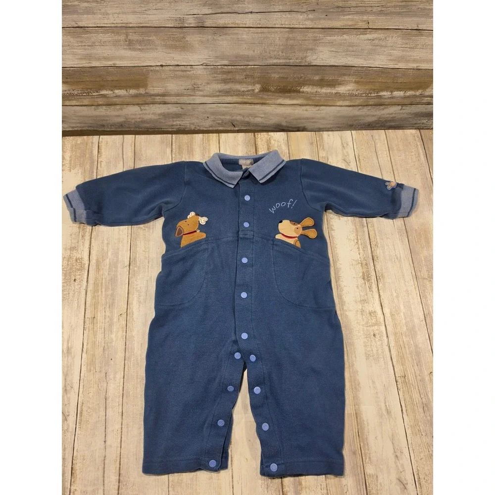 Carters Blue Dog Applique Snap Front Romper XL 9-12M Long Sleeve Cotton‎